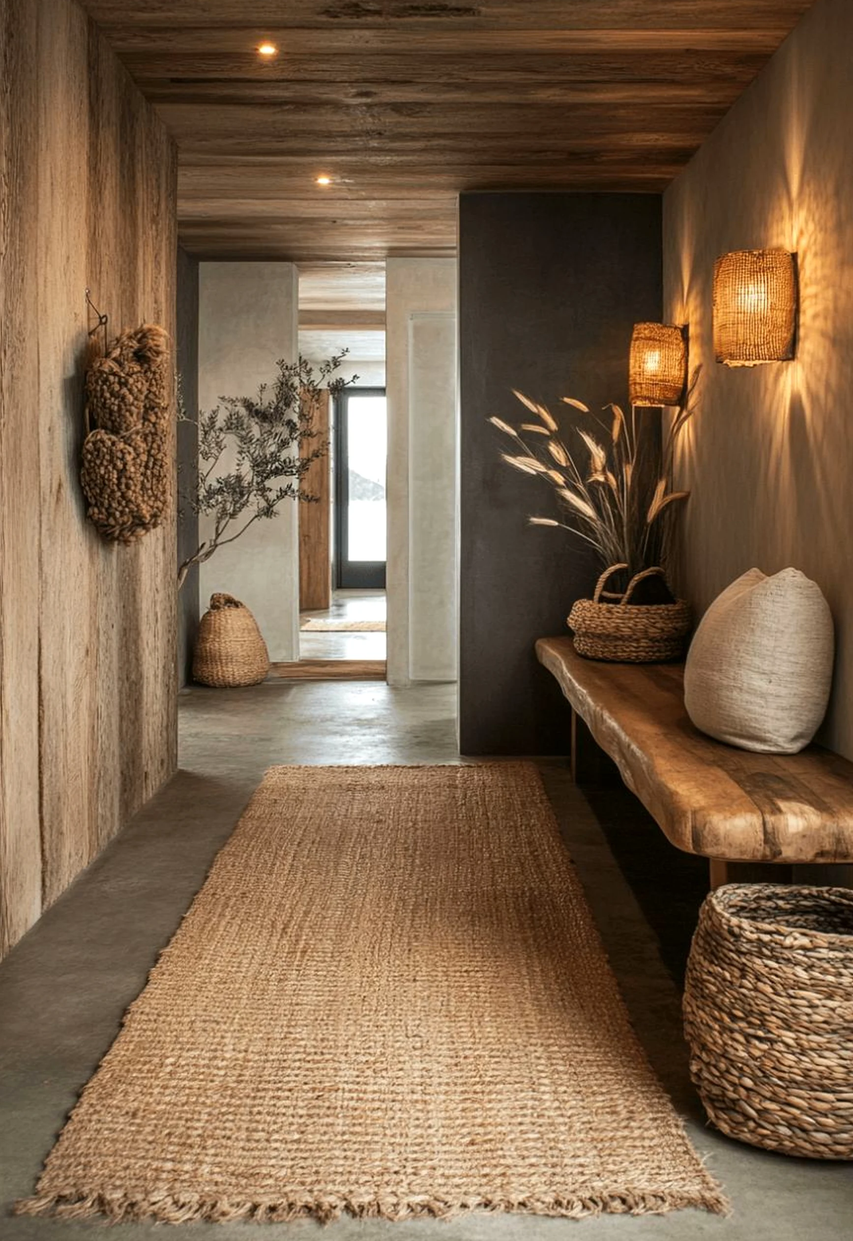Sculptural plant shelf adds depth across the corner, giving the decor a finish that feels soft at the edges.