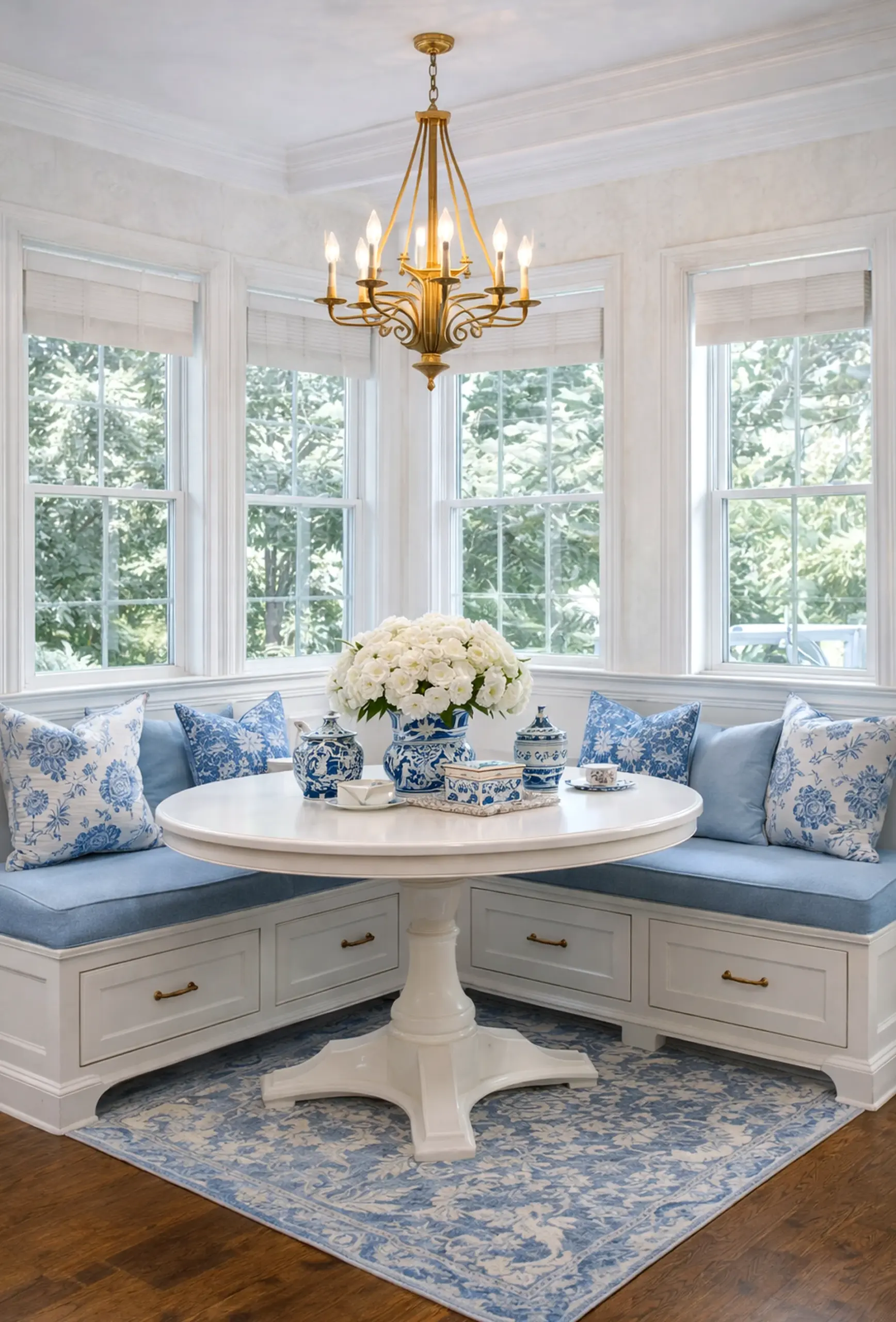 Refined sunlit room frames the outdoor space with depth, making the scene feel clear and inviting.