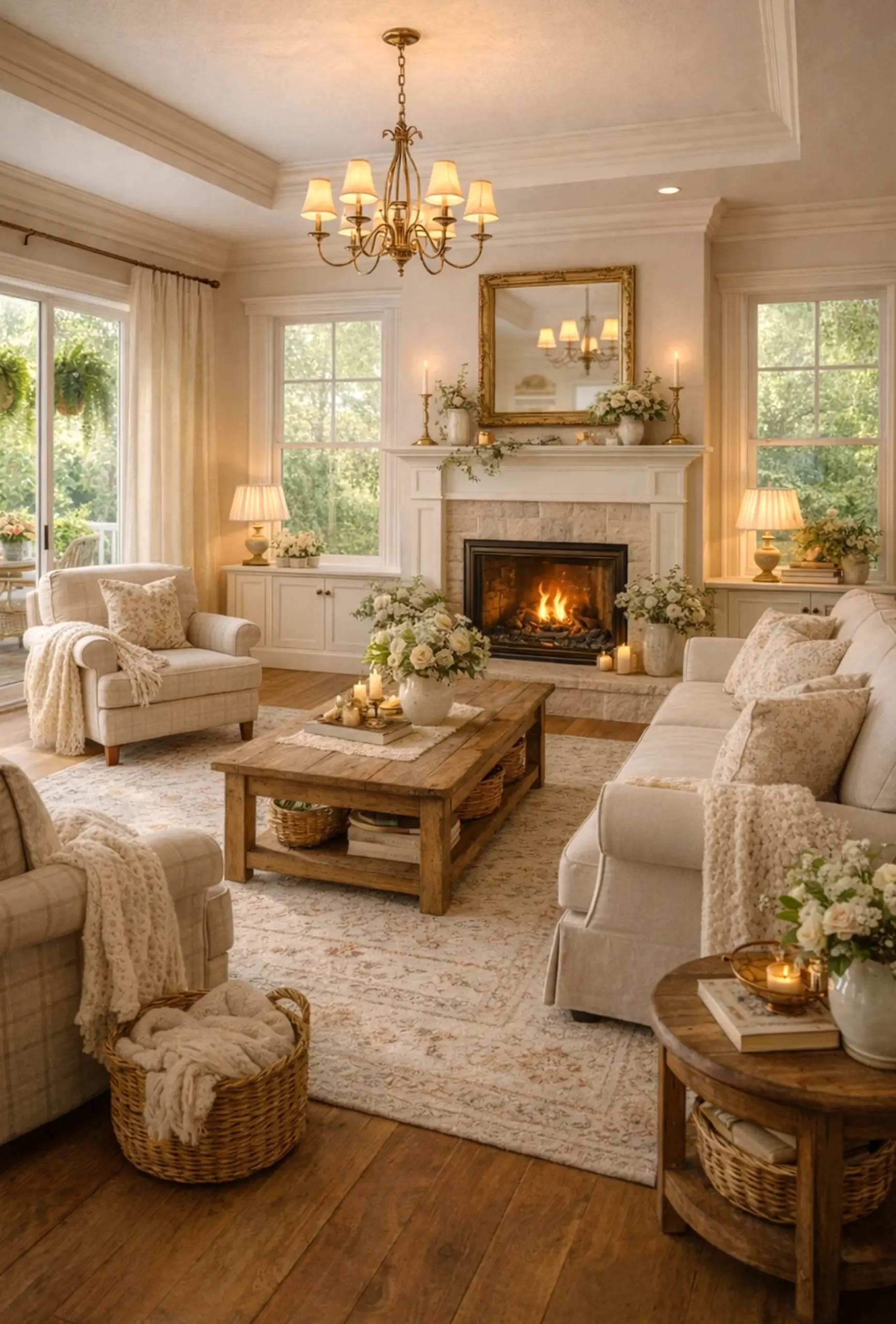 Sculptural tile detail frames the sitting area with warmth, making the scene feel open and lived-in.