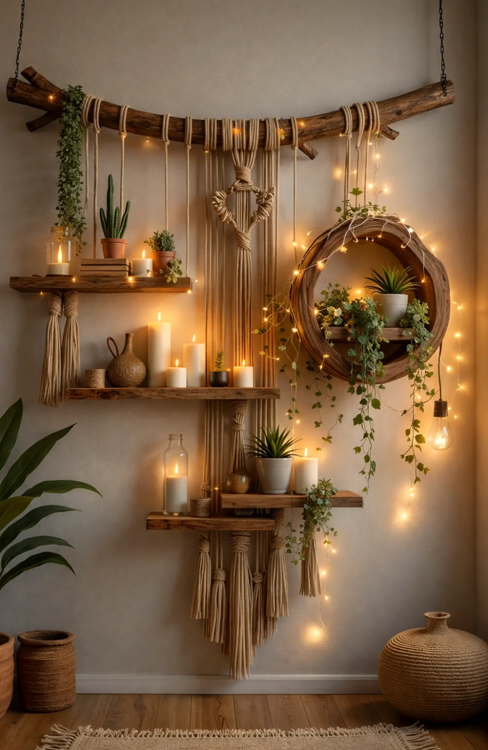 Leafy wood shelving anchors the room with contrast, giving the view a mood that feels personal and relaxed.