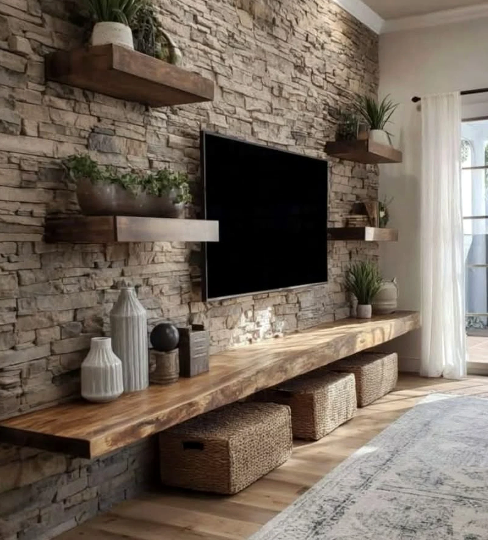 Graceful plant shelf frames the composition with shape, making the scene feel open and lived-in.