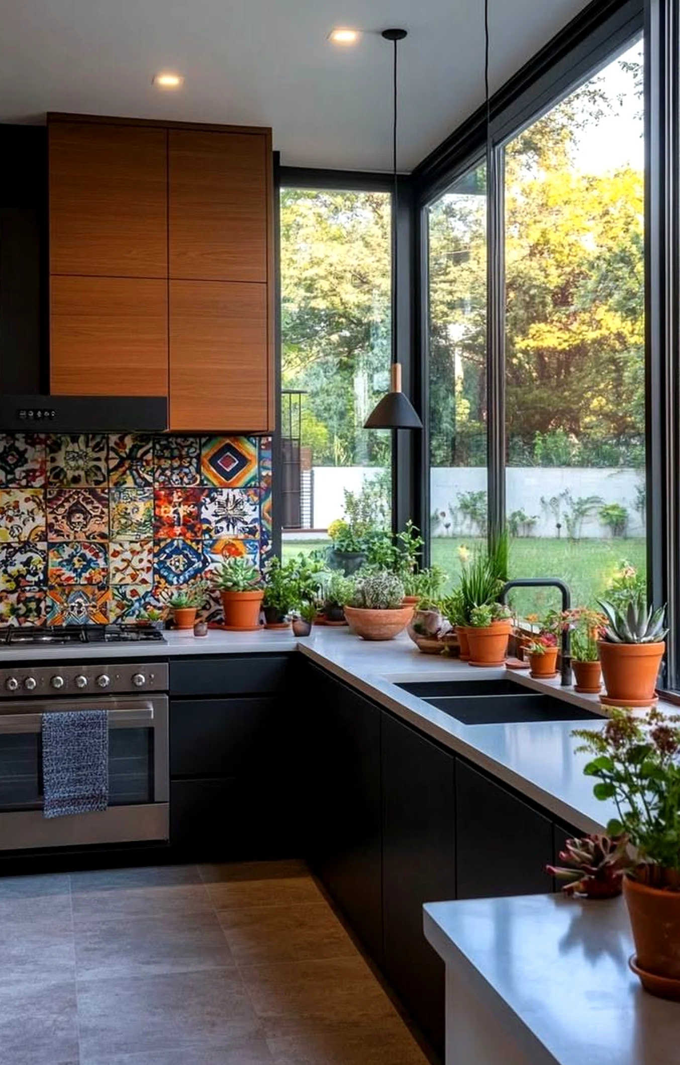Sculptural tile detail brings character to the corner, creating a mood that feels simple yet expressive.