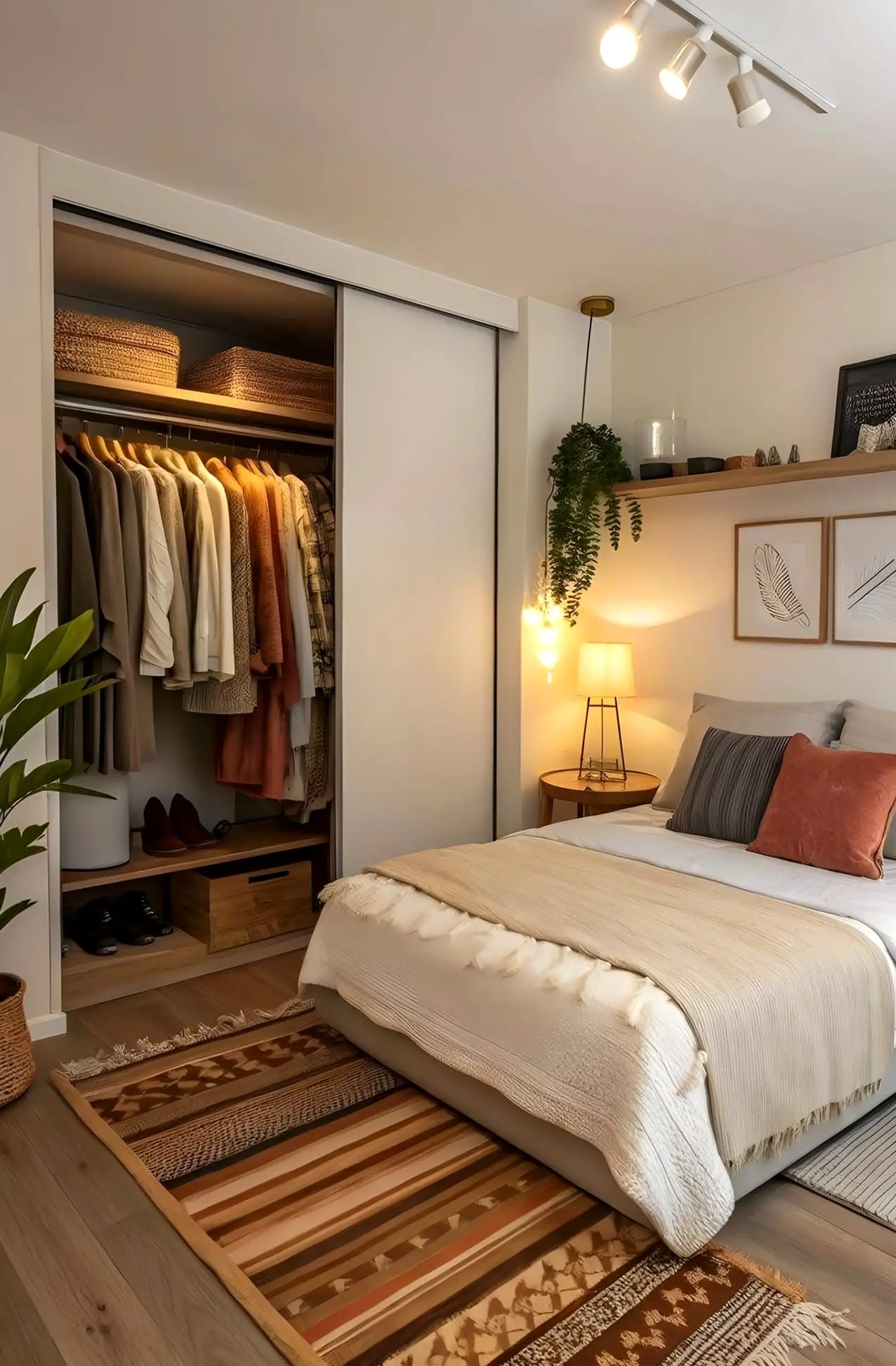 Cozy wood shelving adds a clear layer of balance, helping the sitting area feel easy to enjoy.
