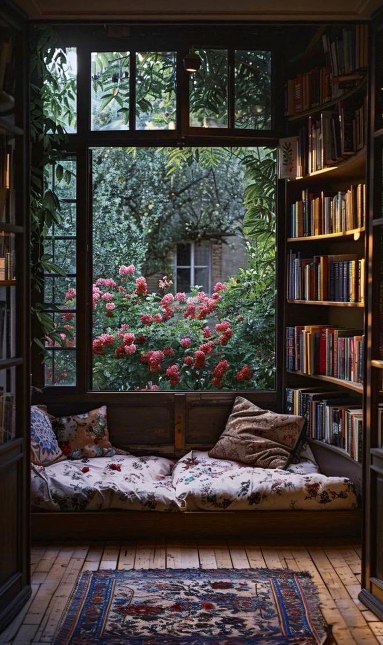 Calm reading corner frames the room with ease, making the scene feel clear and inviting.