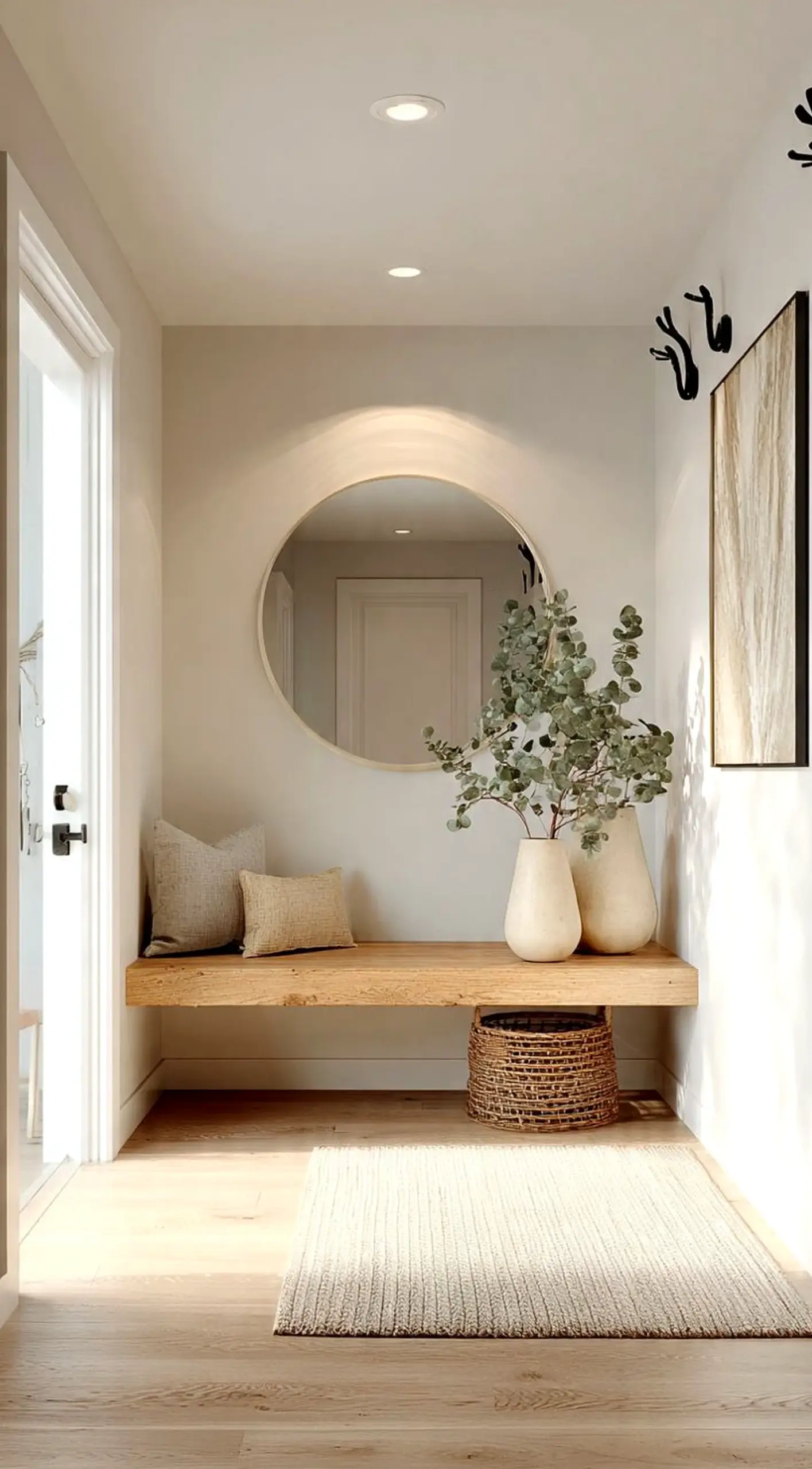 Quiet flower arrangement introduces clarity into the entry, keeping the atmosphere pleasantly composed.