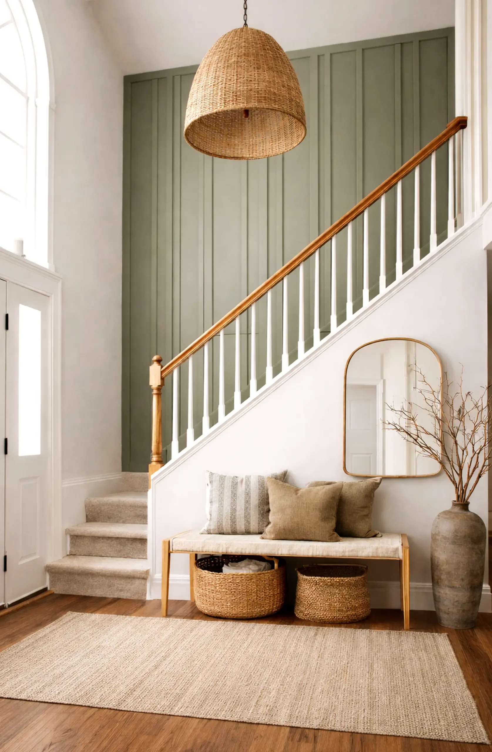 Quiet garden seating gives the wall more comfort, so the whole view feels soft at the edges.