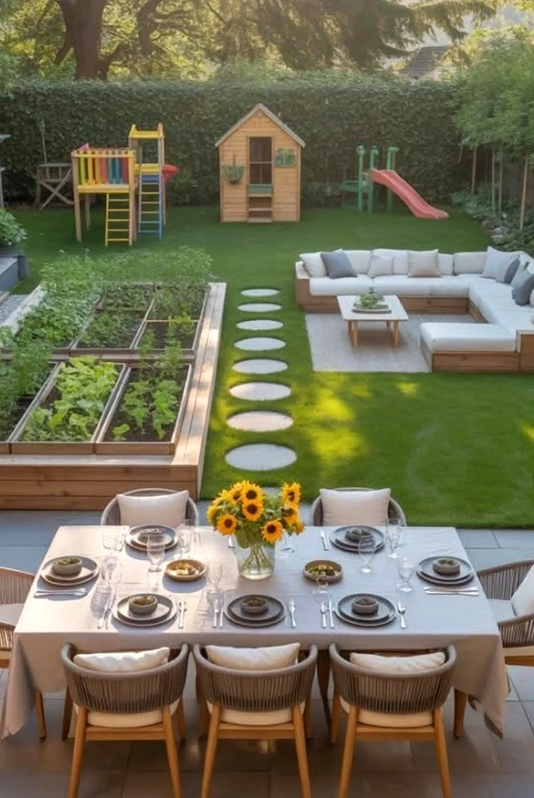 Sculptural garden seating brings warmth to the table, creating a mood that feels comfortable in daily use.