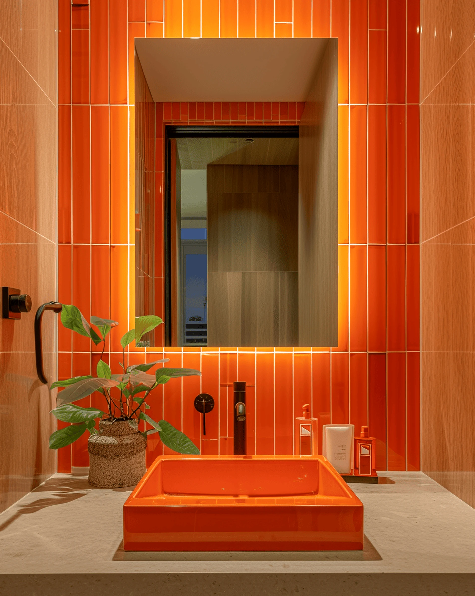 Polished cabinet wall frames the composition with comfort, making the scene feel bright but not busy.