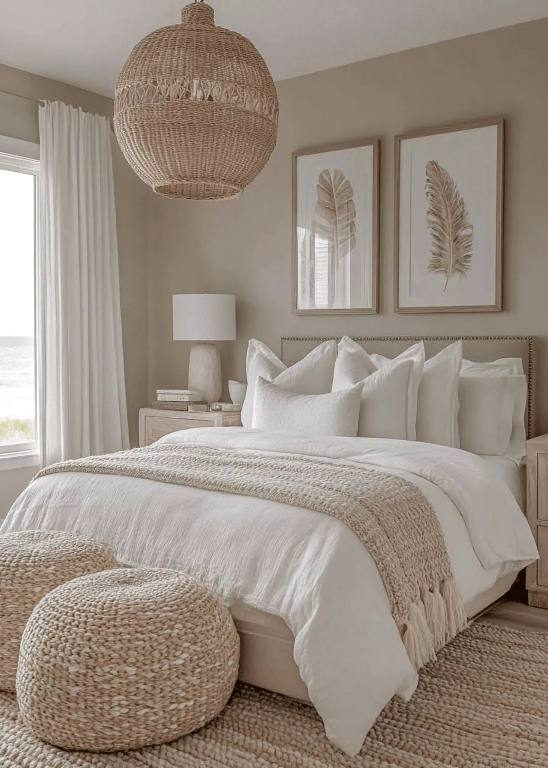 Open bedside layer brings a useful note of rhythm, making the wall feel warm without clutter.