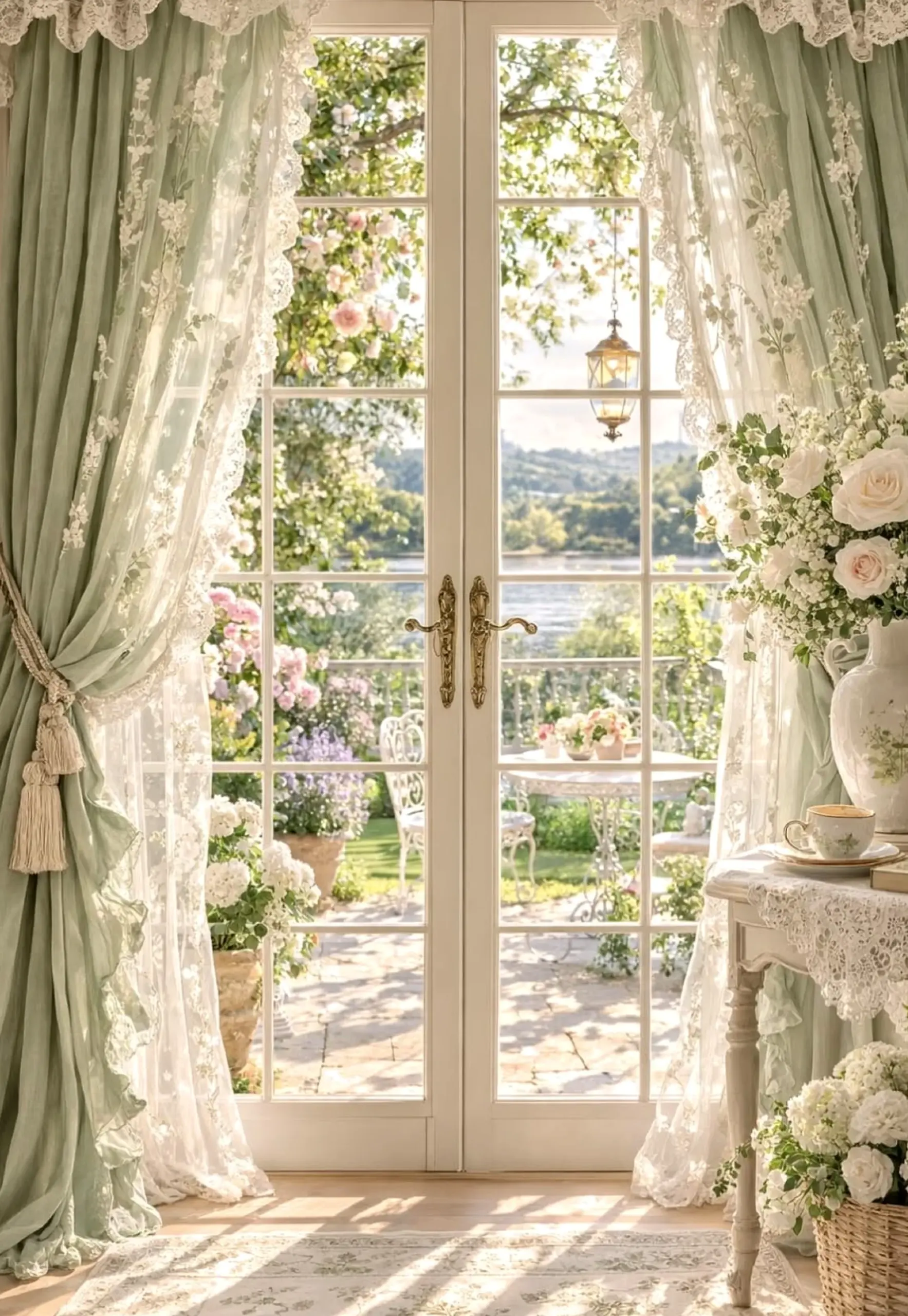Relaxed green entry supports the design through character, leaving the space feeling pleasantly composed.