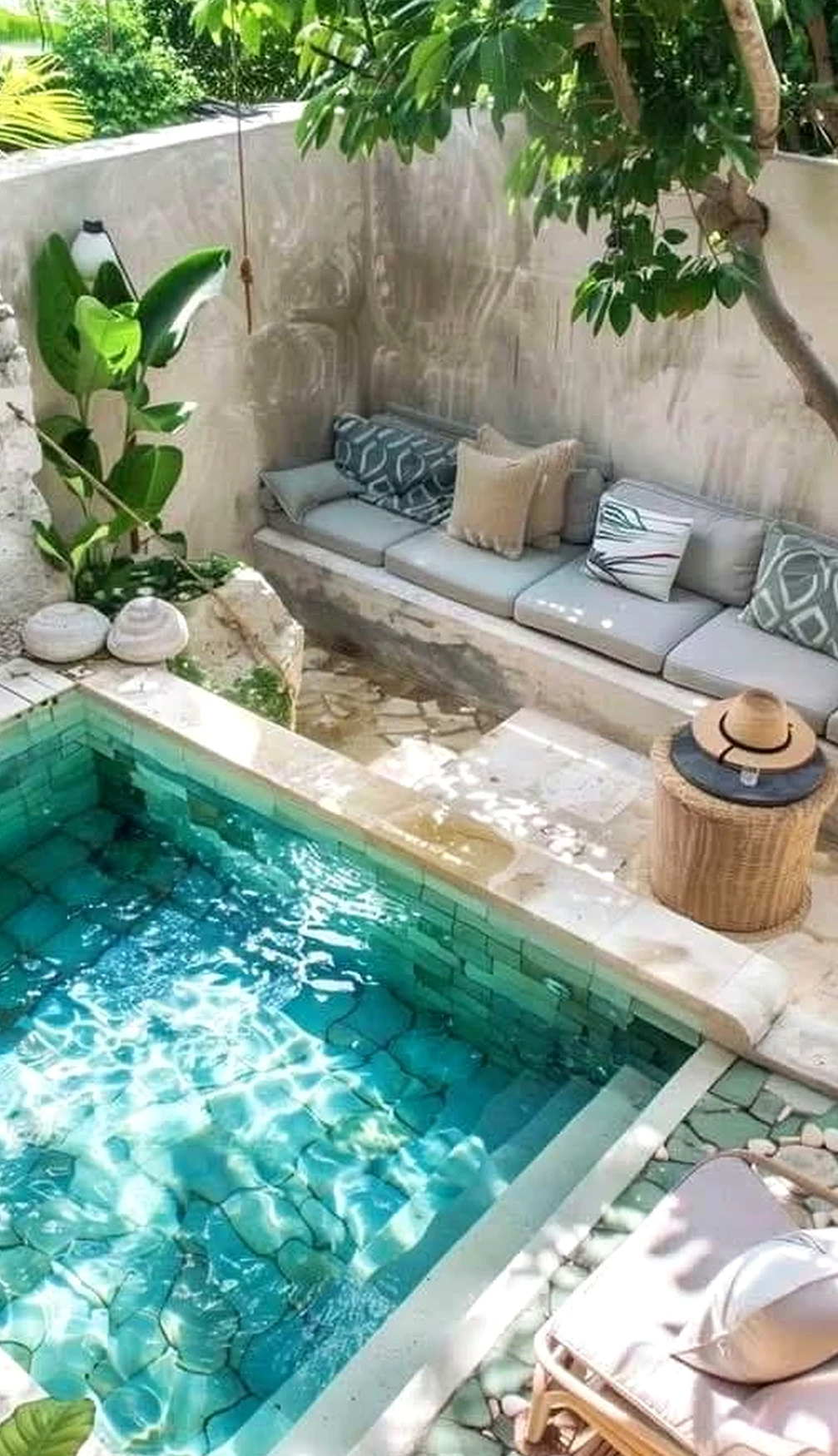 Inviting soft sofa anchors the garden edge with personality, giving the view a mood that feels fresh and intentional.