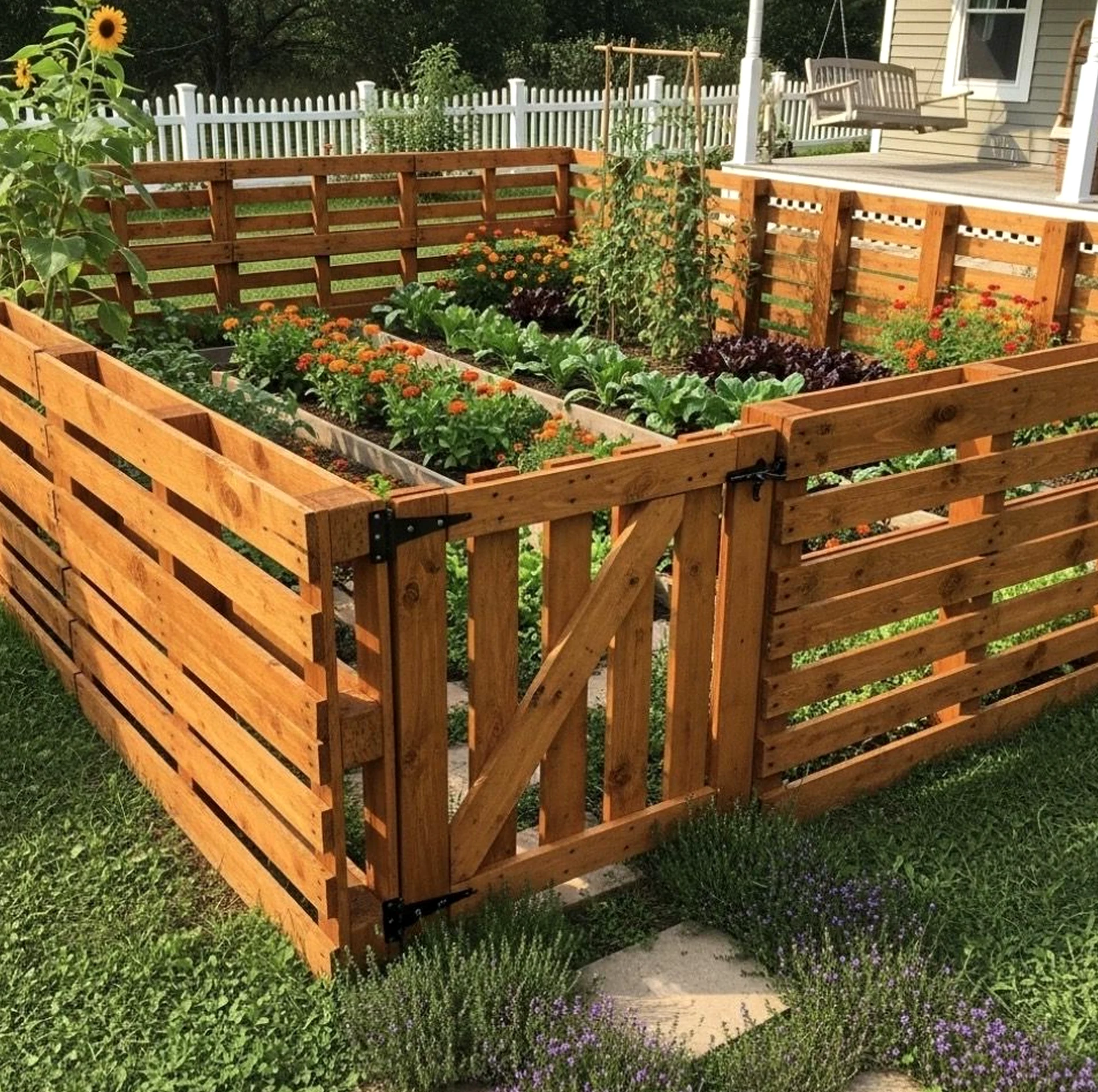 Leafy wooden deck brings a useful note of focus, making the outdoor space feel easy to enjoy.