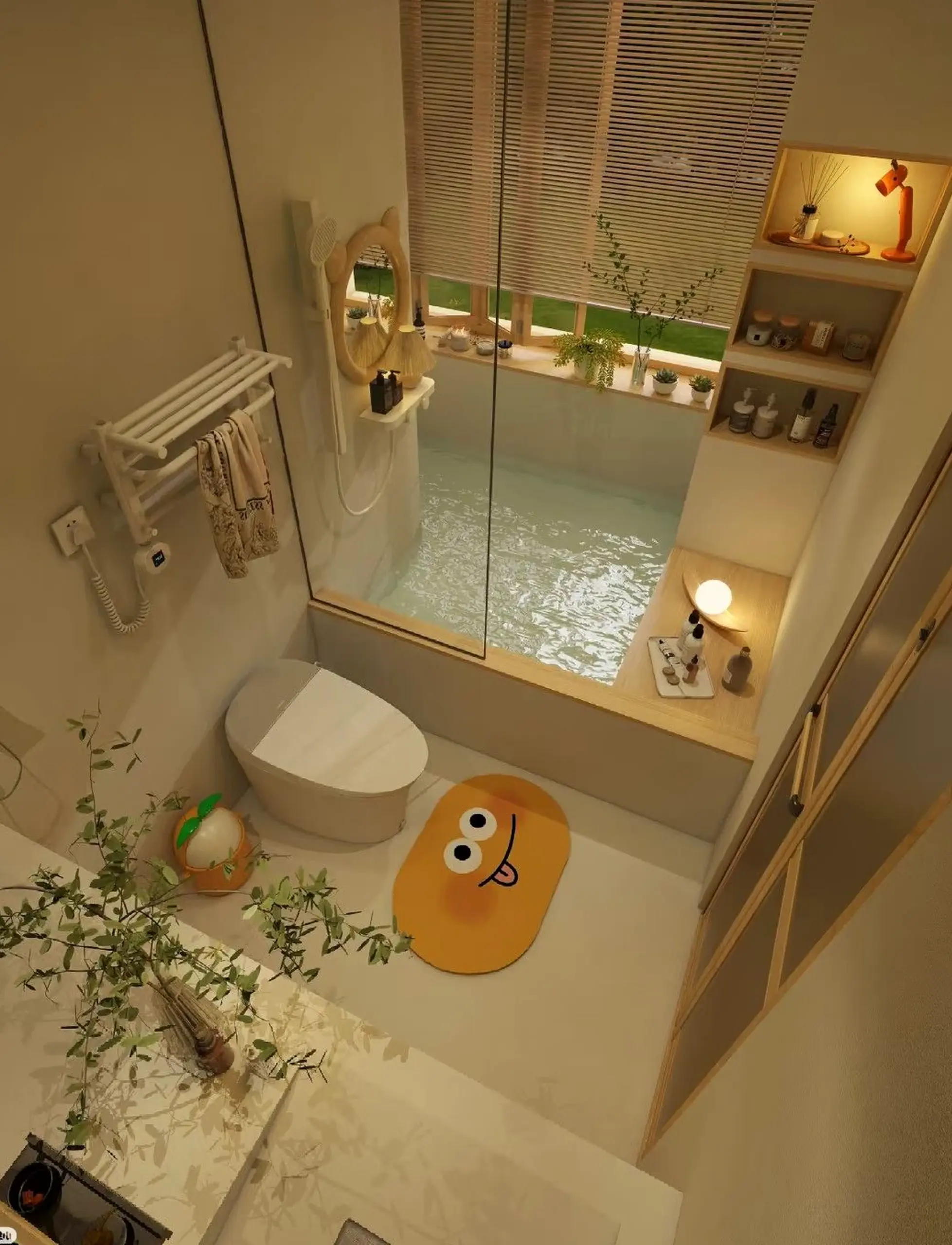 Graceful shower wall adds texture across the arrangement, giving the decor a finish that feels warm without clutter.