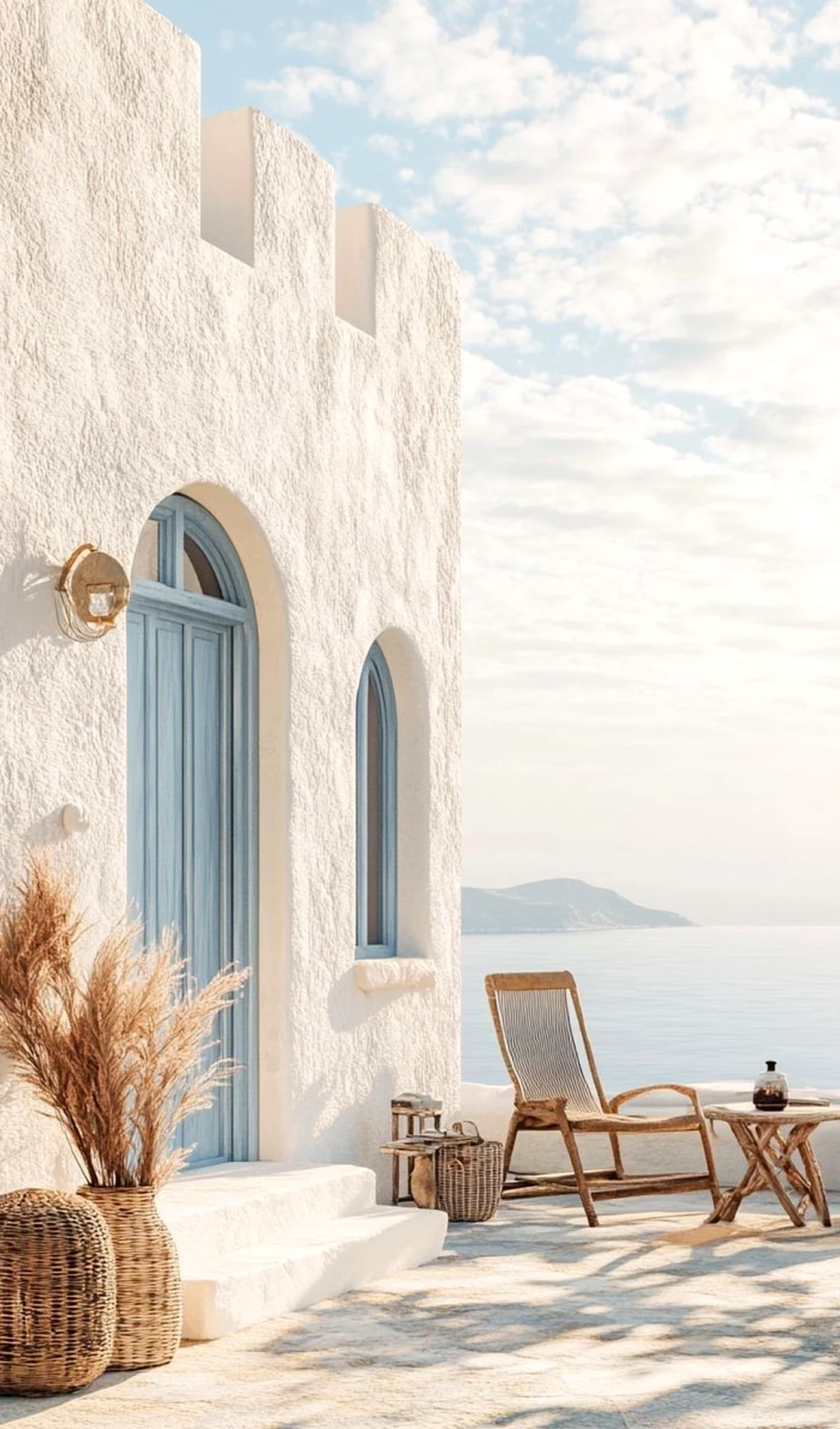 Crisp linen bedding frames the garden edge with focus, making the scene feel warm without clutter.