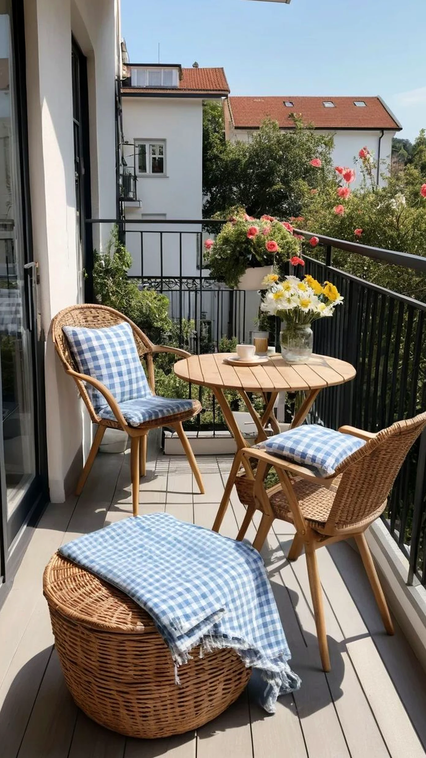 Warm wooden deck anchors the table with order, giving the view a mood that feels clear and inviting.
