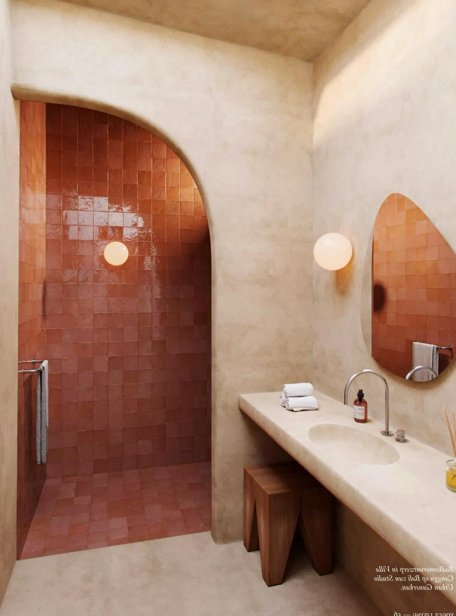 Textured bathroom vanity brings comfort to the composition, creating a mood that feels clear and inviting.