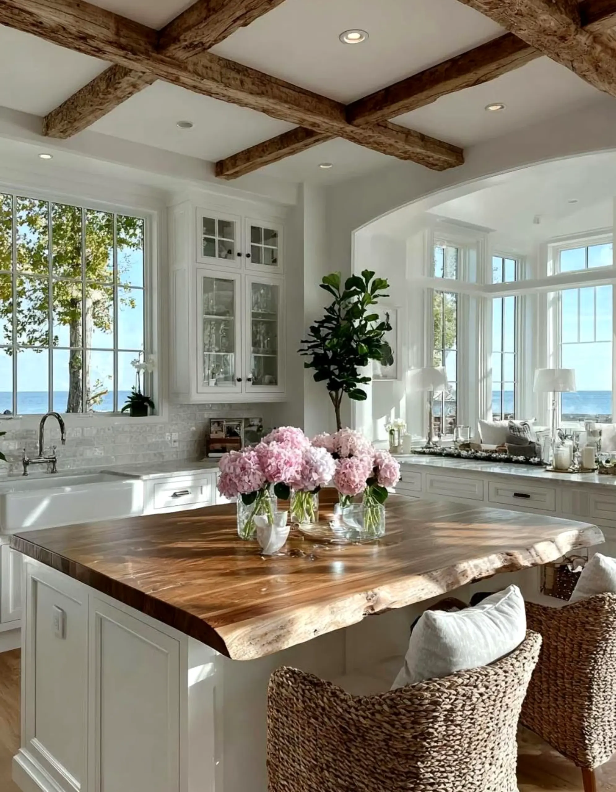 Cozy wood shelving draws attention to clarity while the outdoor space stays settled and welcoming.