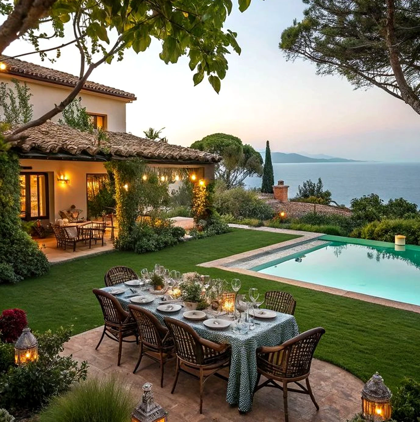 Warm wooden deck anchors the outdoor space with contrast, giving the view a mood that feels clear and inviting.