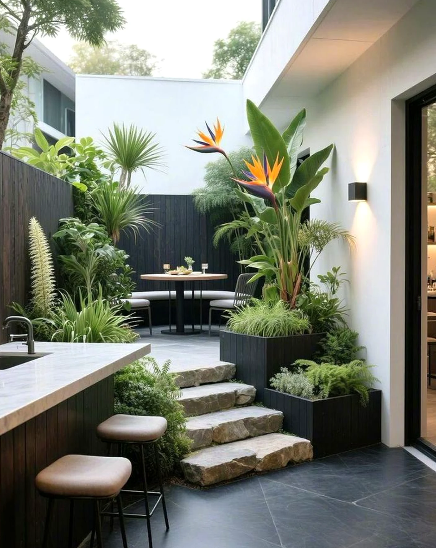 Leafy breakfast table anchors the sitting area with rhythm, giving the view a mood that feels settled and welcoming.