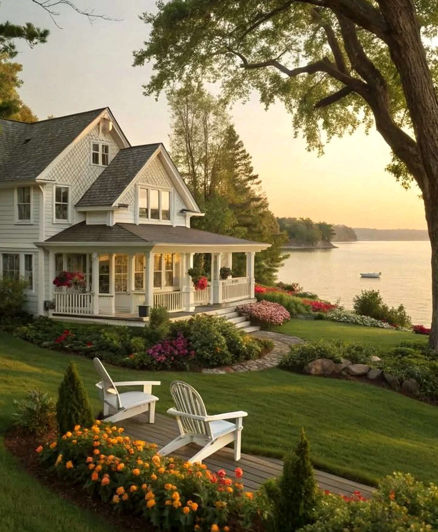 Relaxed porch bench draws attention to shape while the view stays open and lived-in.