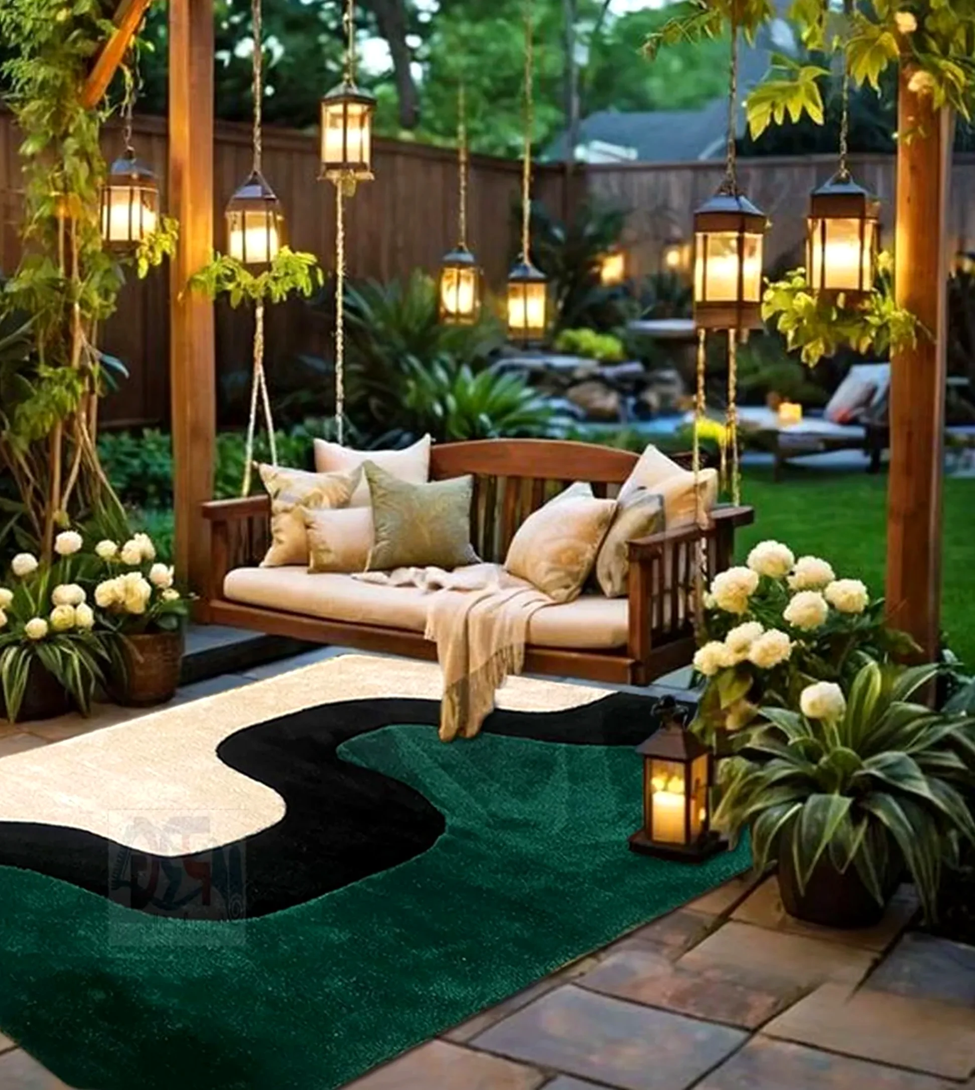 Calm courtyard view frames the corner with depth, making the scene feel pleasantly composed.