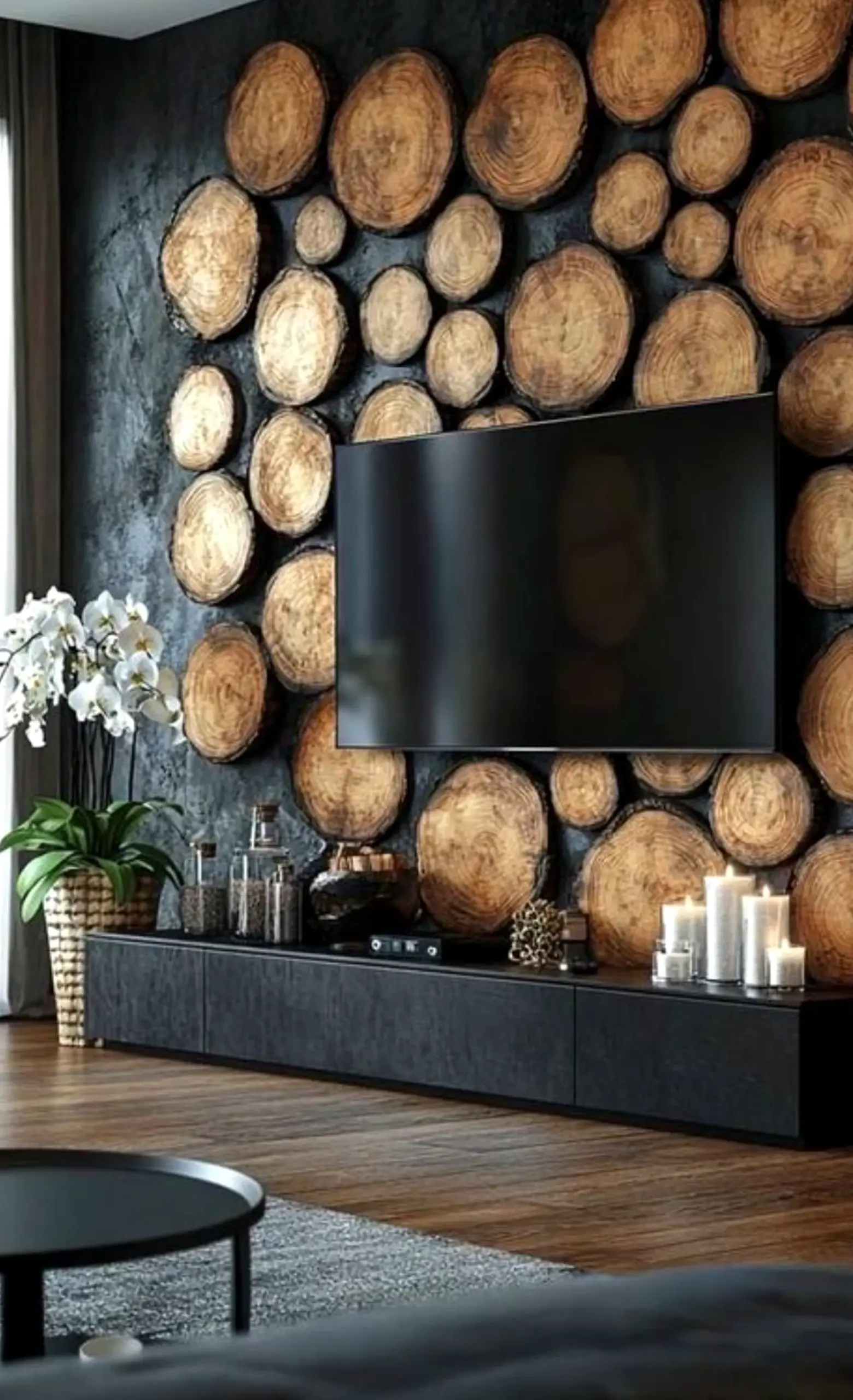 Warm wood shelving anchors the composition with focus, giving the view a mood that feels simple yet expressive.