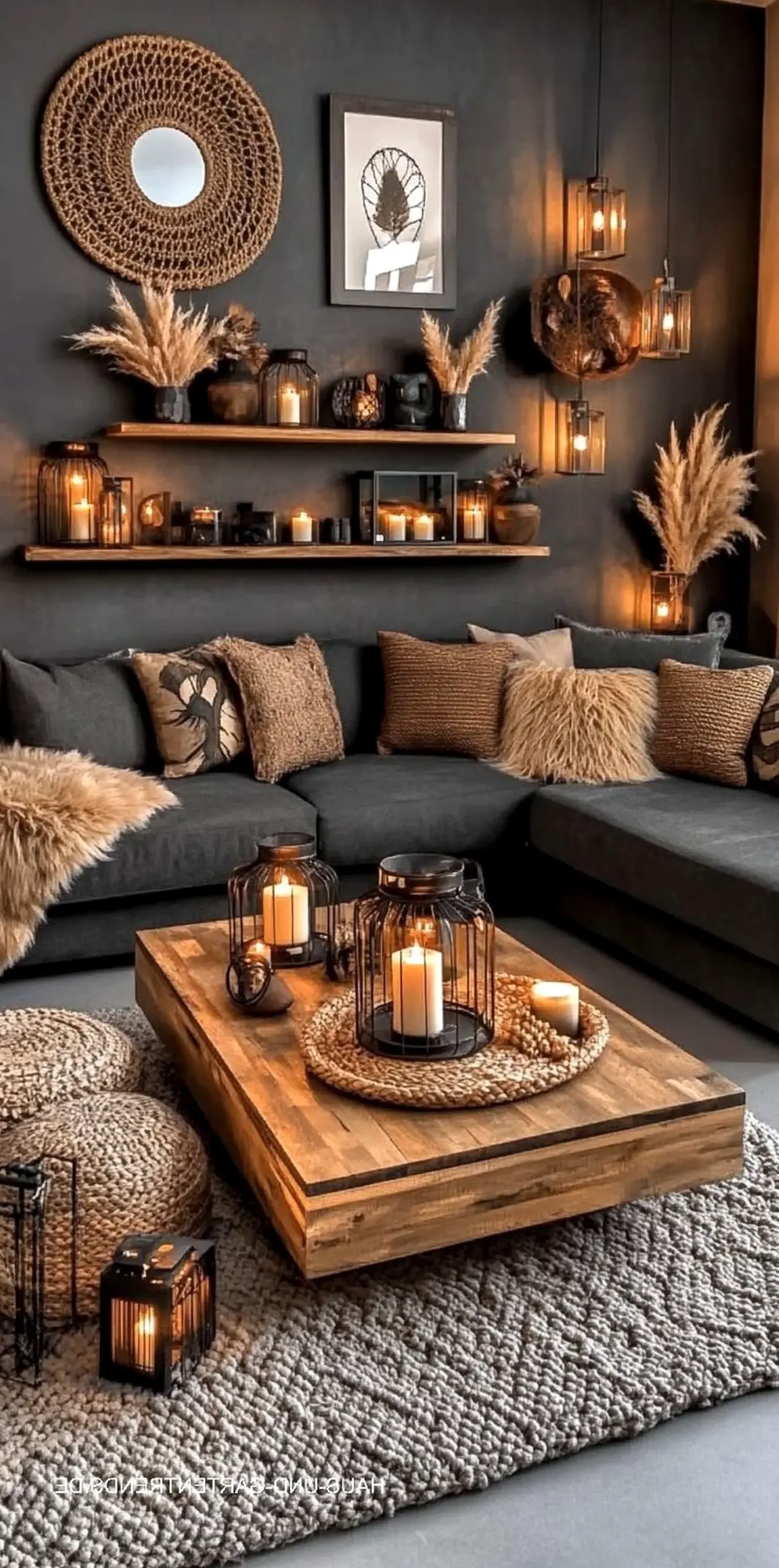 Luminous entry console draws attention to balance while the sitting area stays quietly finished.