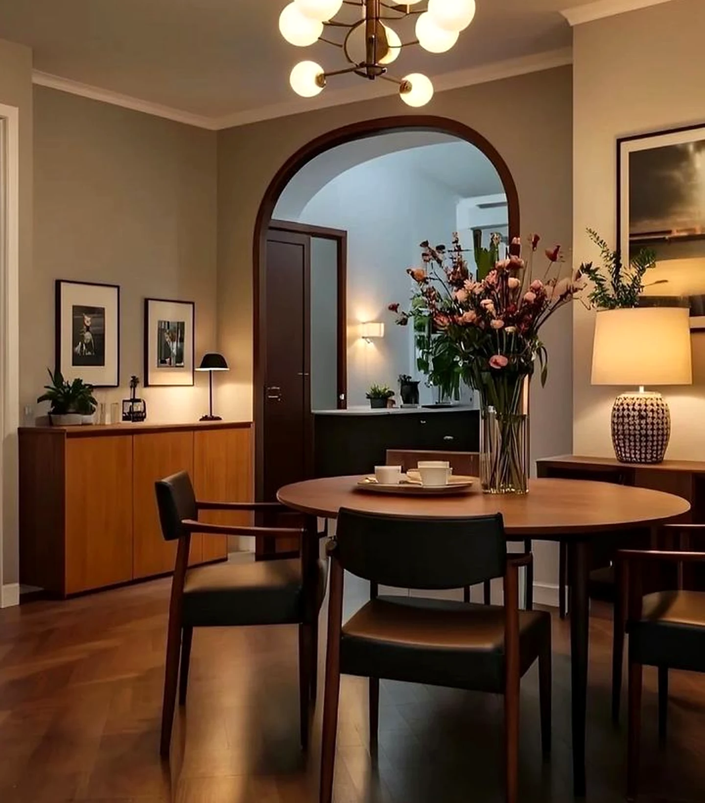 Polished compact workspace frames the room with light, making the scene feel open and lived-in.