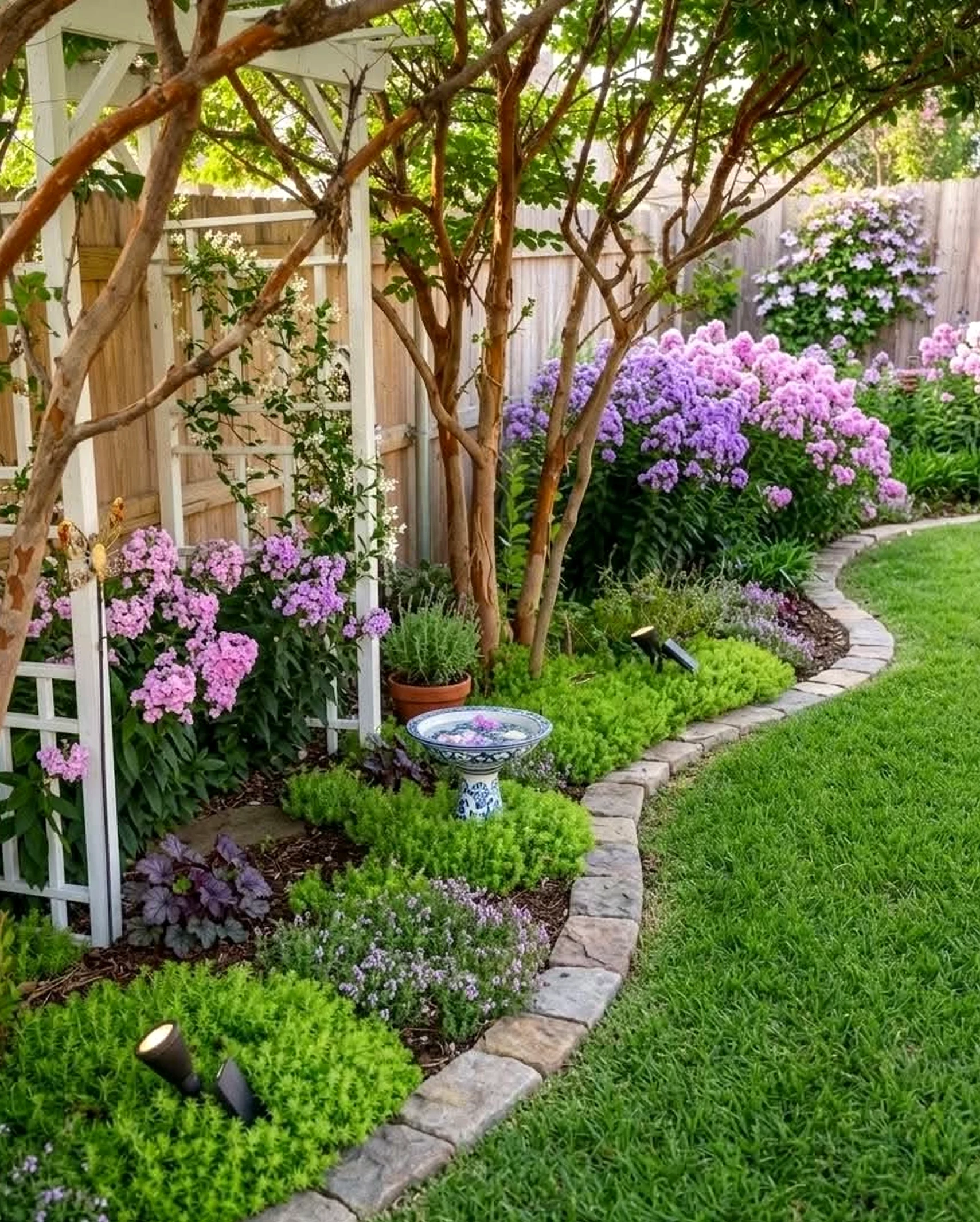 Balanced stone terrace frames the design with softness, making the scene feel settled and welcoming.