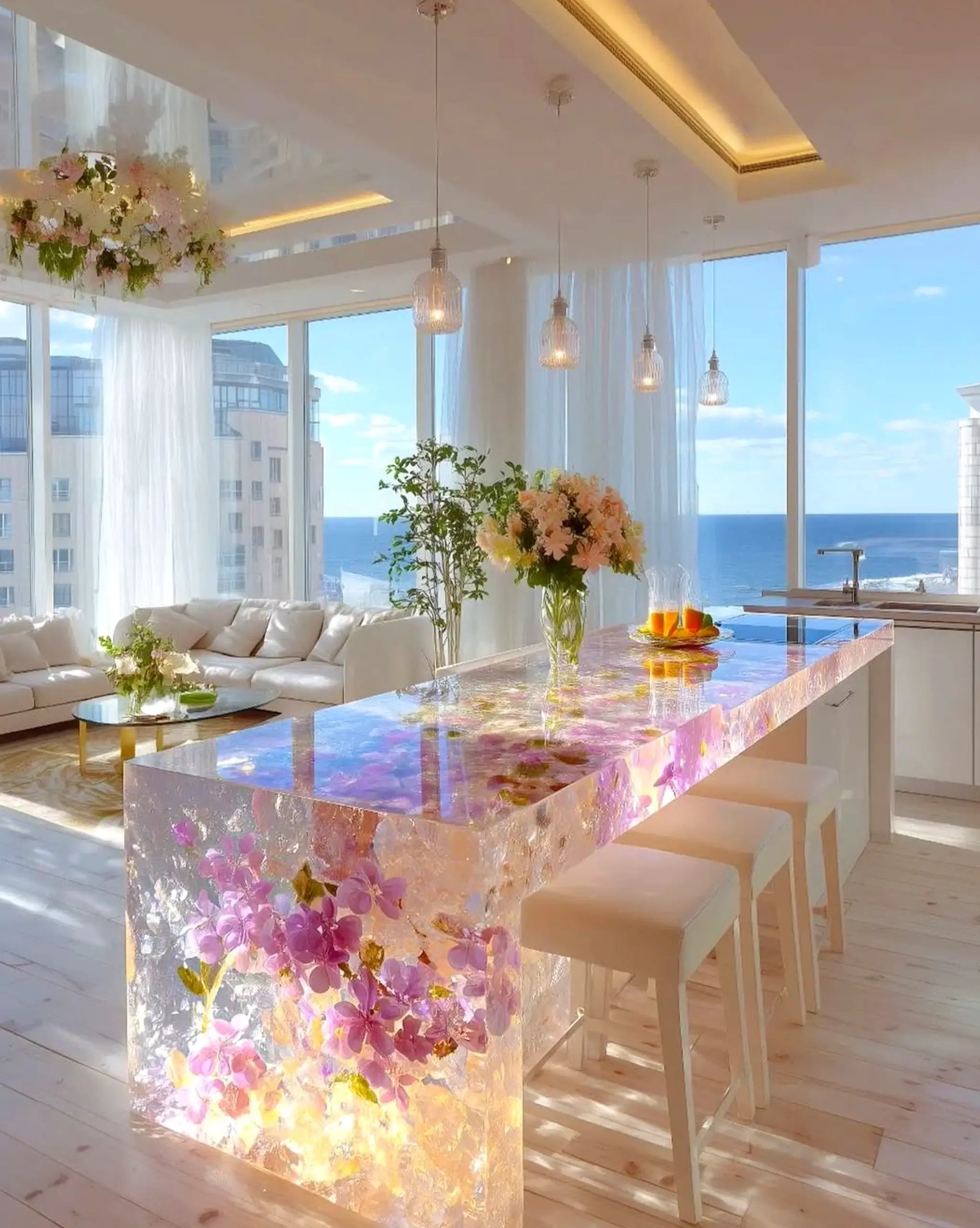 Calm fireplace area frames the view with warmth, making the scene feel comfortable in daily use.