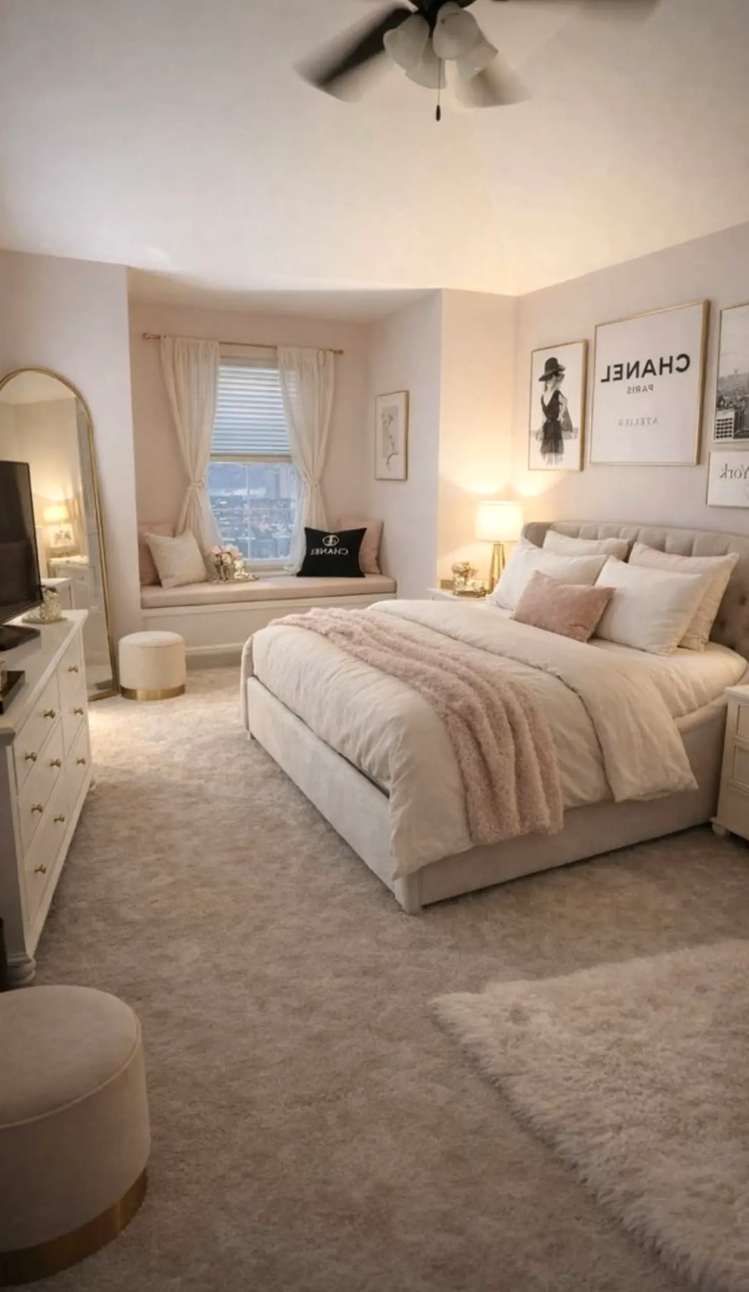 Crisp linen bedding frames the table with character, making the scene feel ready for quiet use.