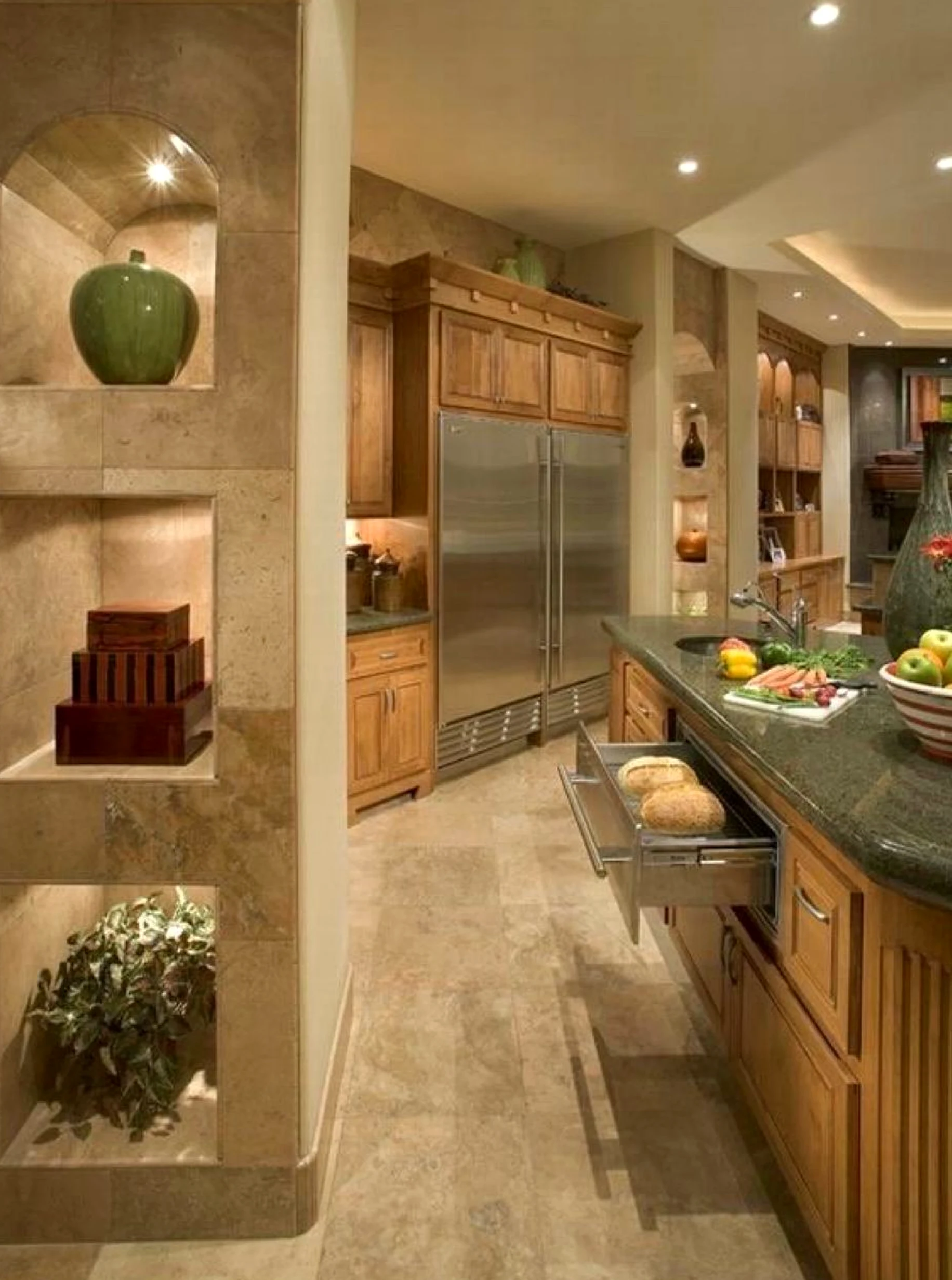 Elegant wood shelving supports the table through rhythm, leaving the space feeling settled and welcoming.