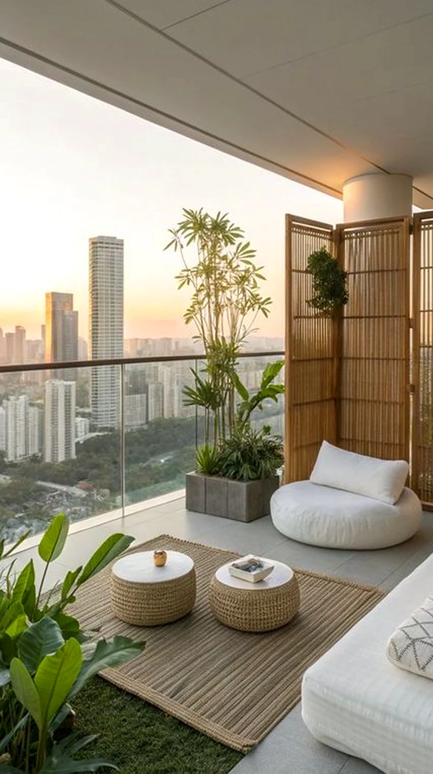 Sculptural decorative mirror frames the backdrop with freshness, making the scene feel personal and relaxed.