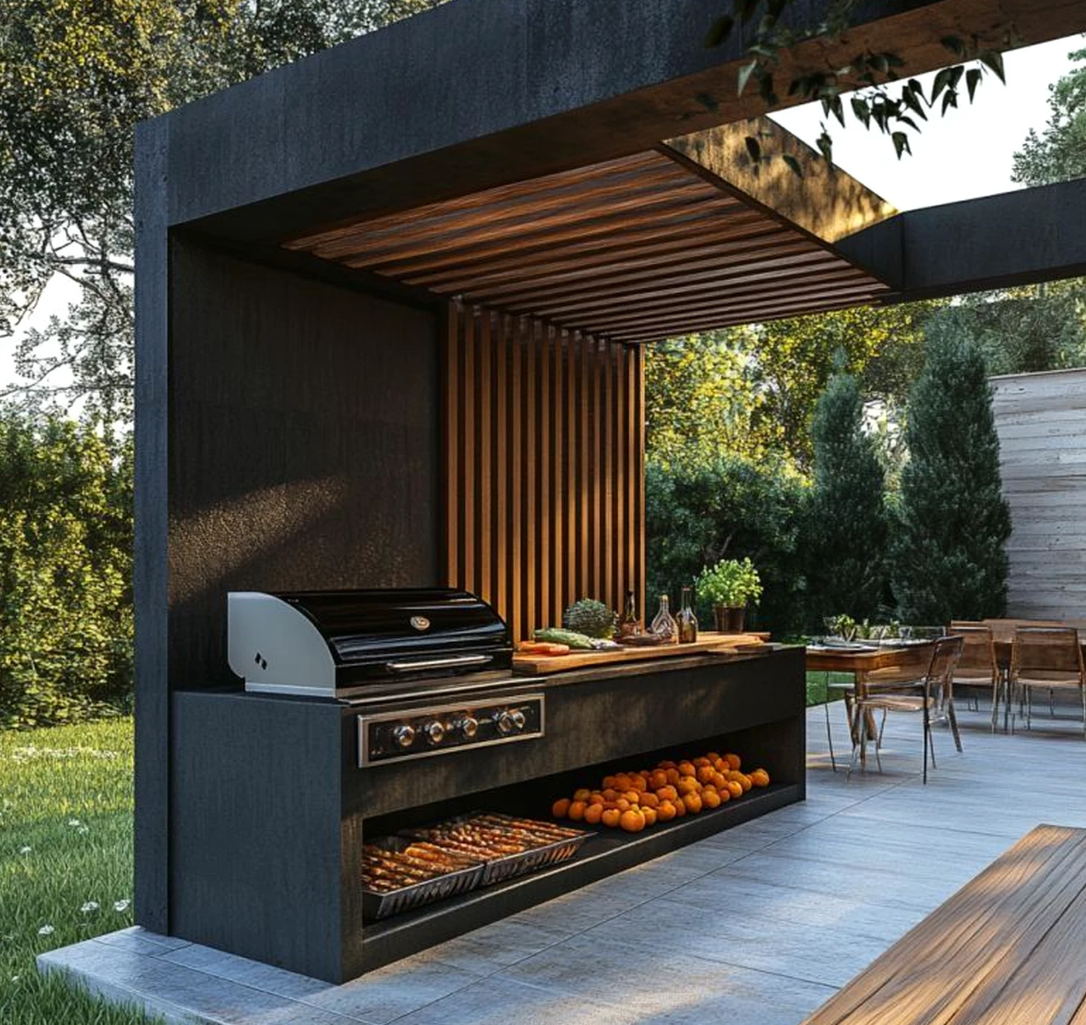 Natural outdoor lounge brings a useful note of detail, making the entry feel pleasantly composed.