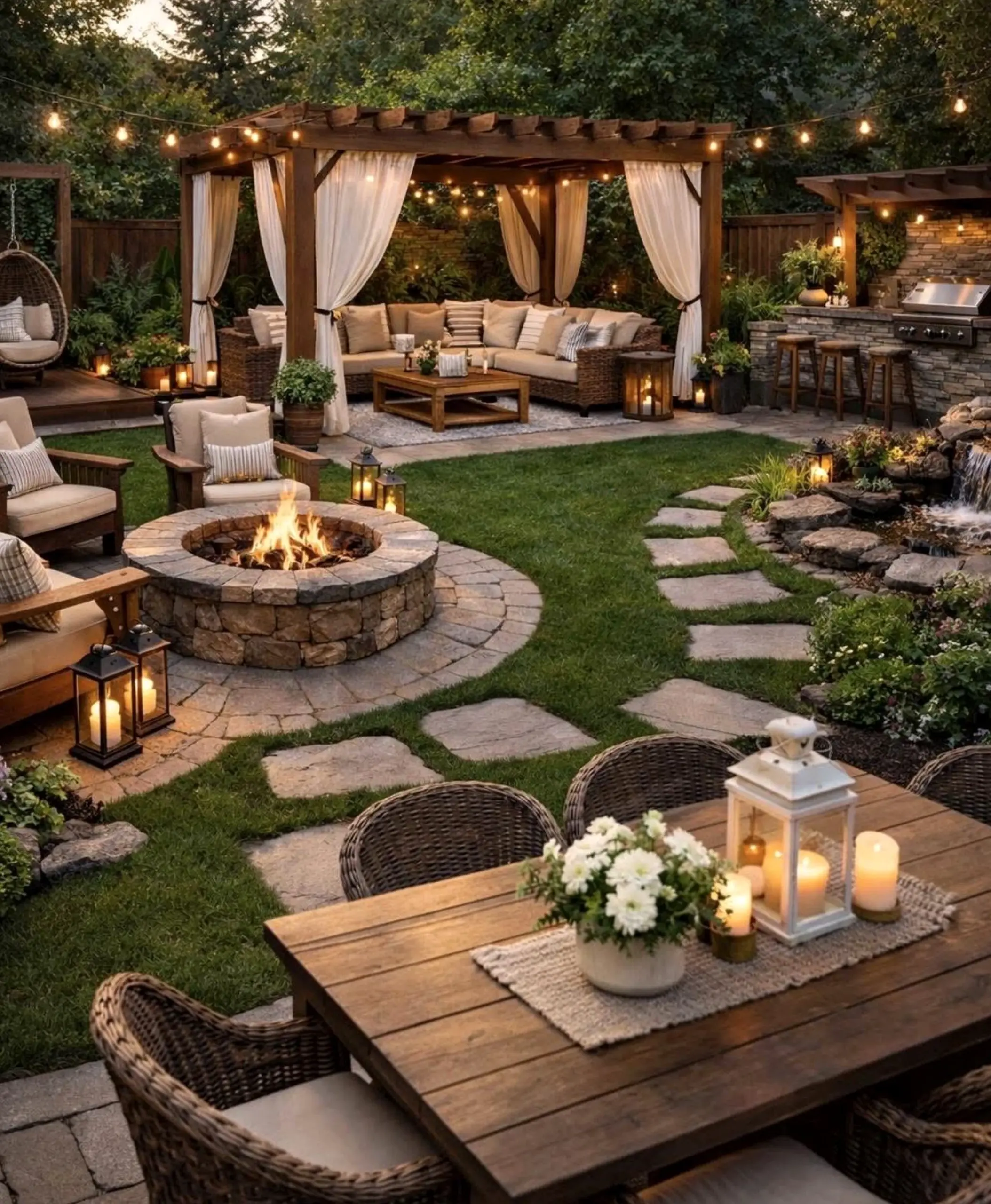Simple floral bed anchors the corner with texture, giving the view a mood that feels simple yet expressive.