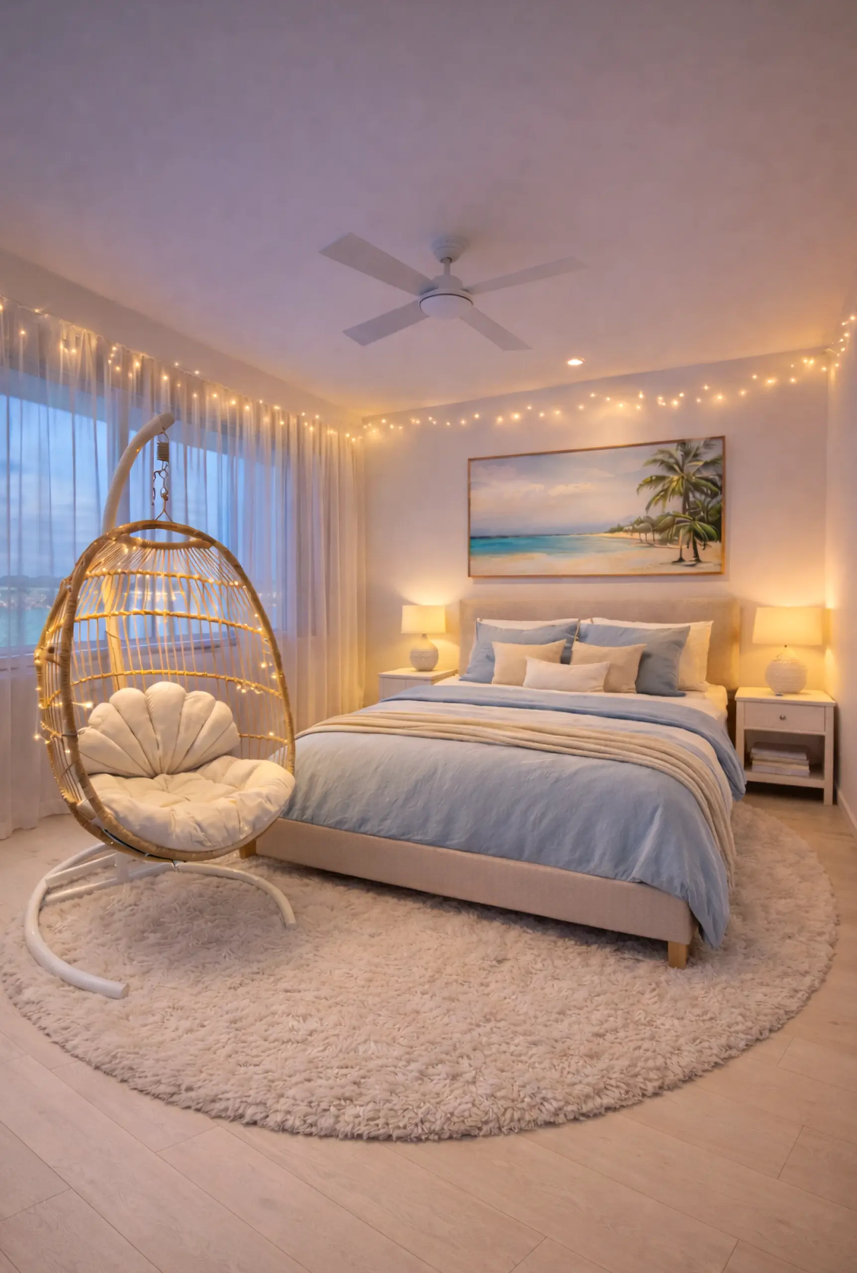 Luminous greenhouse corner introduces softness into the room, keeping the atmosphere visually grounded.