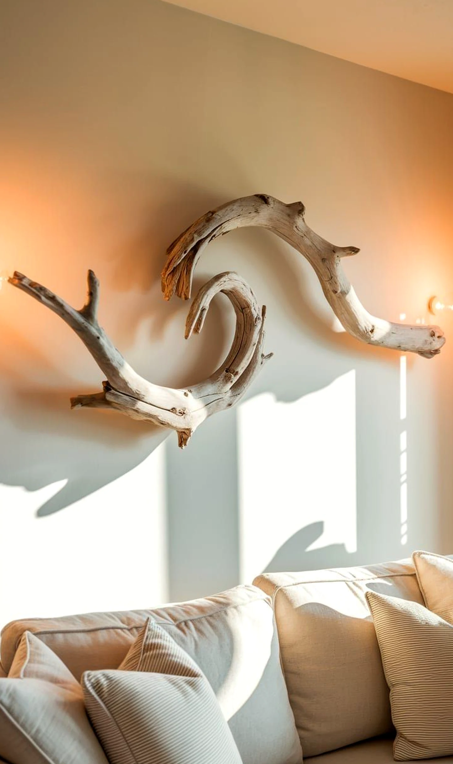 Polished vase display frames the view with light, making the scene feel warm without clutter.