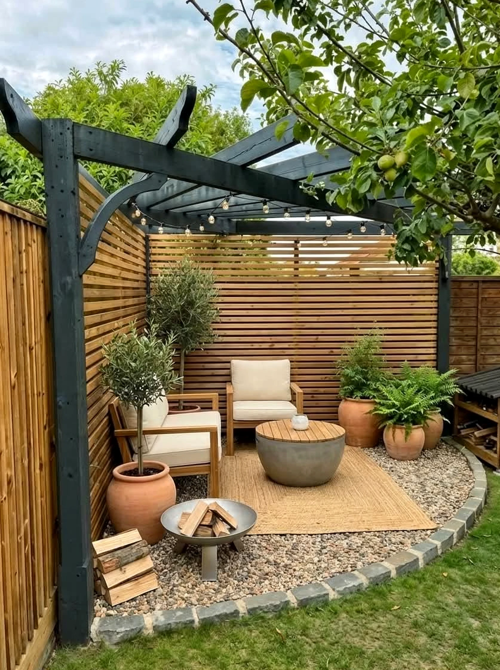 Soft garden seating frames the sitting area with freshness, making the scene feel settled and welcoming.