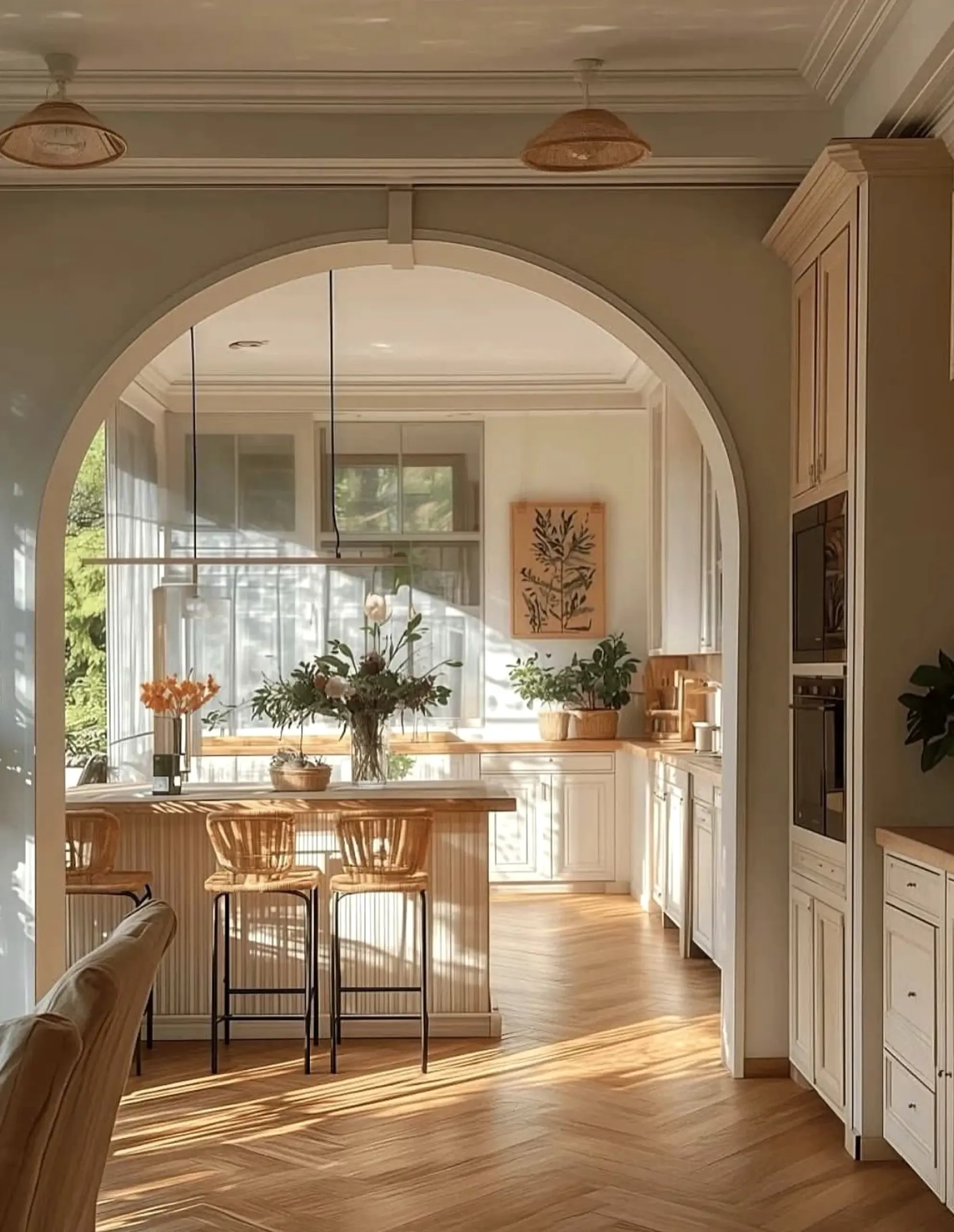 Natural arched doorway adds a clear layer of softness, helping the backdrop feel fresh and intentional.