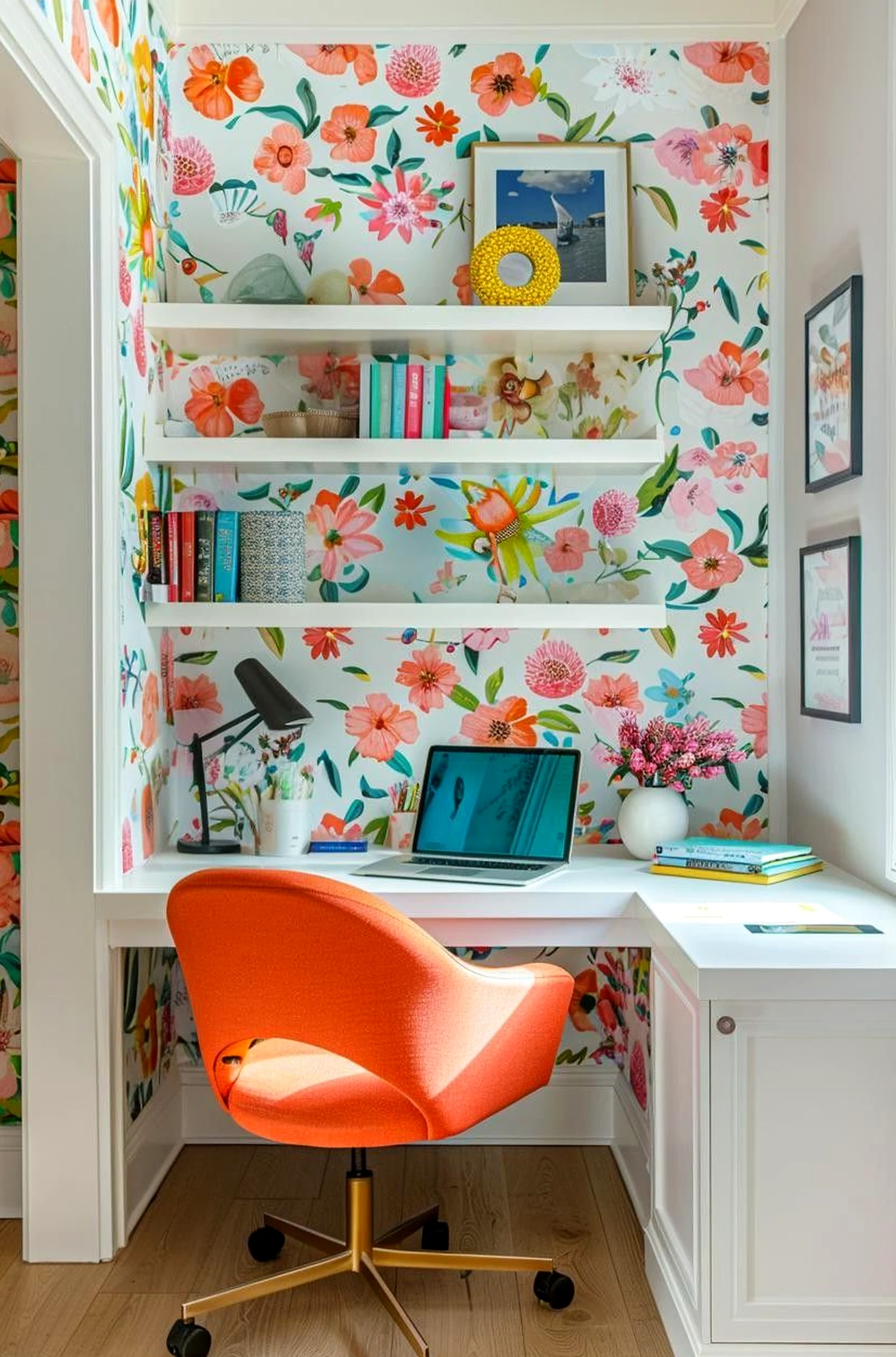 Warm wood shelving brings a useful note of focus, making the backdrop feel comfortable in daily use.