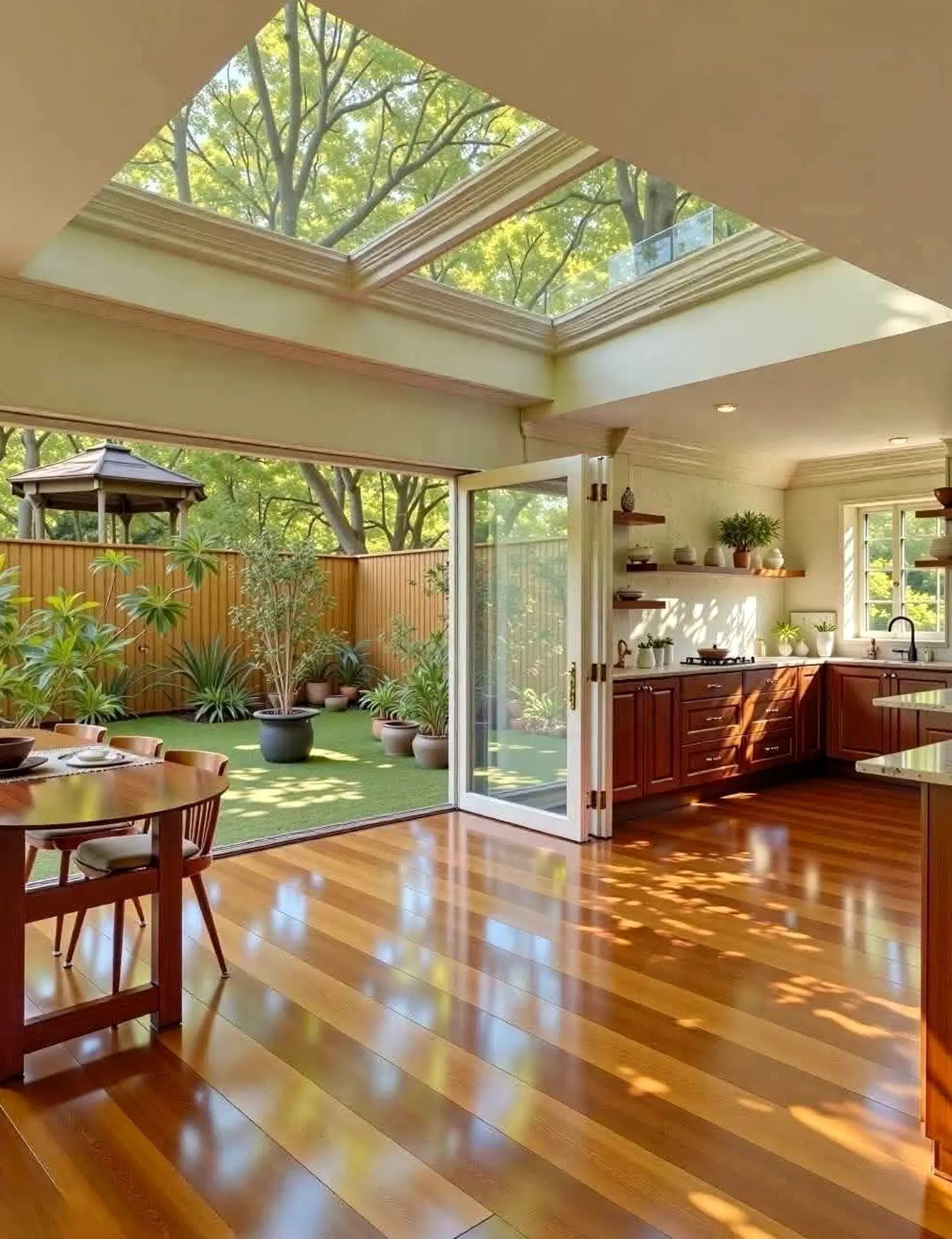 Compact sink area draws attention to warmth while the view stays pleasantly composed.